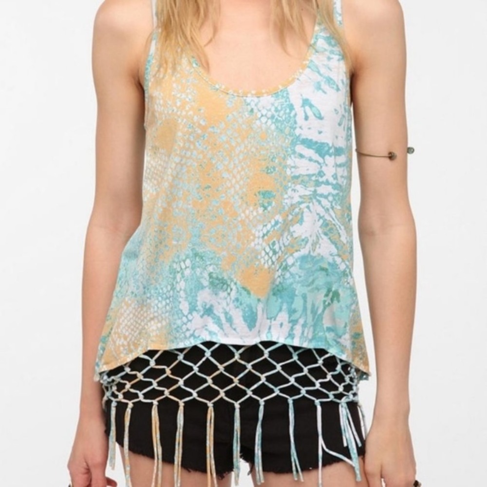 Anthropologie Boho Turq Gold Tie Dye Macrame Fringe Festival Tank Large